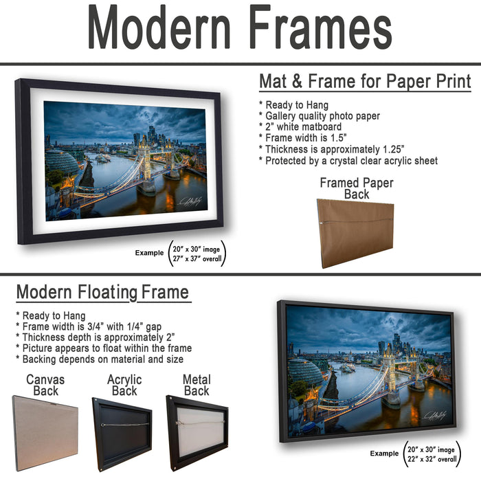 The image is a collage of two framed pictures, one of a cityscape and the other of a bridge. The collage is framed in modern floating frames, and the frames are ready to hang. The collage also features a mat and frame for paper print, a mat and frame for paper print, and a framed paper back. The collage includes examples of mat and frame sizes, such as 20" x 30" and 22" x 32" images.
