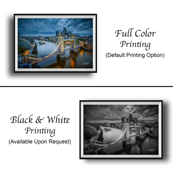 The image is a collage of two framed photographs. The top photograph is a full color print of a city skyline at night, while the bottom photograph is a black and white print of the same city skyline. Both prints are framed and available upon request.