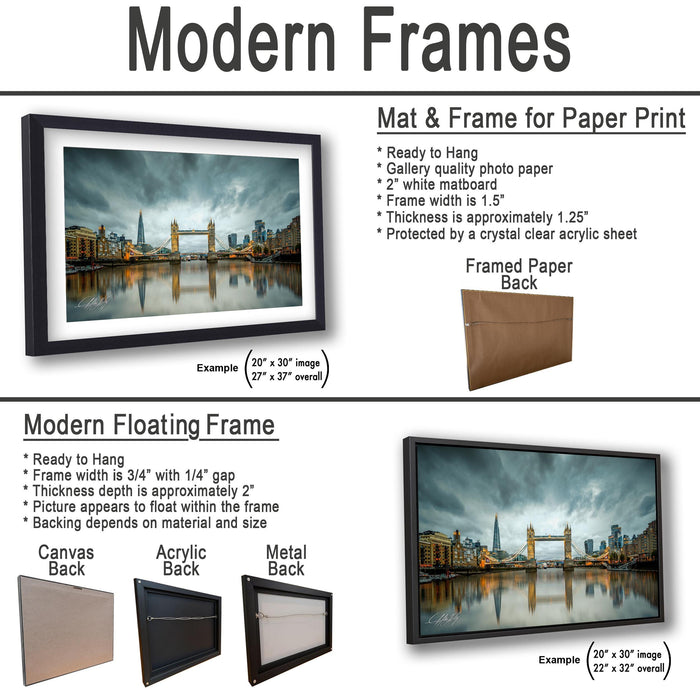 The image is a collage of two framed pictures, one of a cityscape and the other of a bridge, both featuring modern floating frames.