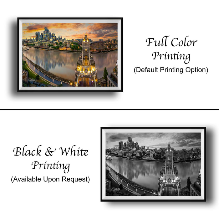 The image is a collage of two framed photographs. The top photograph is a full color print of a city skyline at sunset, while the bottom photograph is a black and white print of the same city skyline. Both photographs are framed and available upon request.
