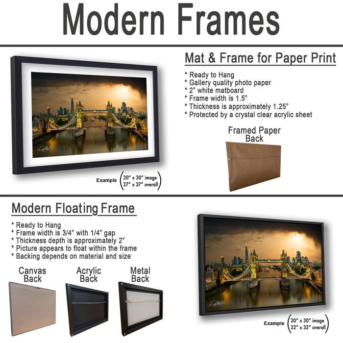 The image is a collage of two framed pictures, one of a cityscape and the other of a bridge. The collage is presented in two different frame types: a modern floating frame and a modern hanging frame.