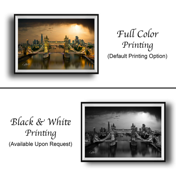 The image is a collage of two framed pictures. The top picture is a full-color print of a city skyline at sunset, while the bottom picture is a black and white print of the same city skyline. Both pictures are framed and available upon request.