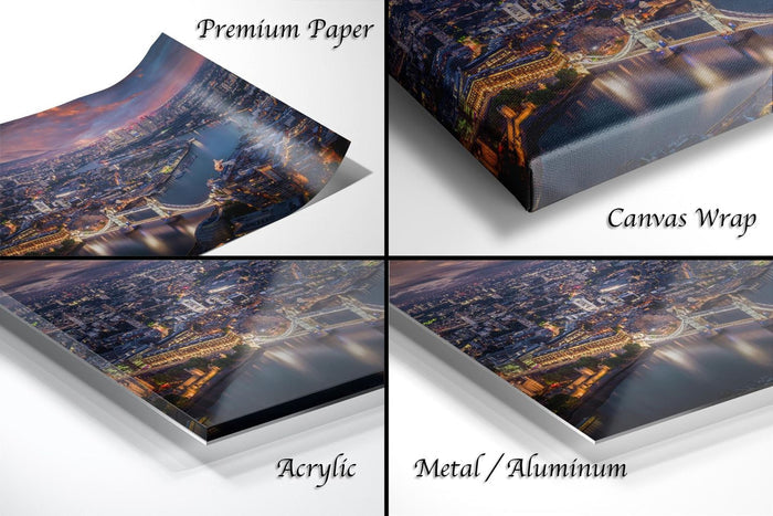 The image is a collage of four different views of a cityscape at night, showcasing the city's skyline and surrounding areas.