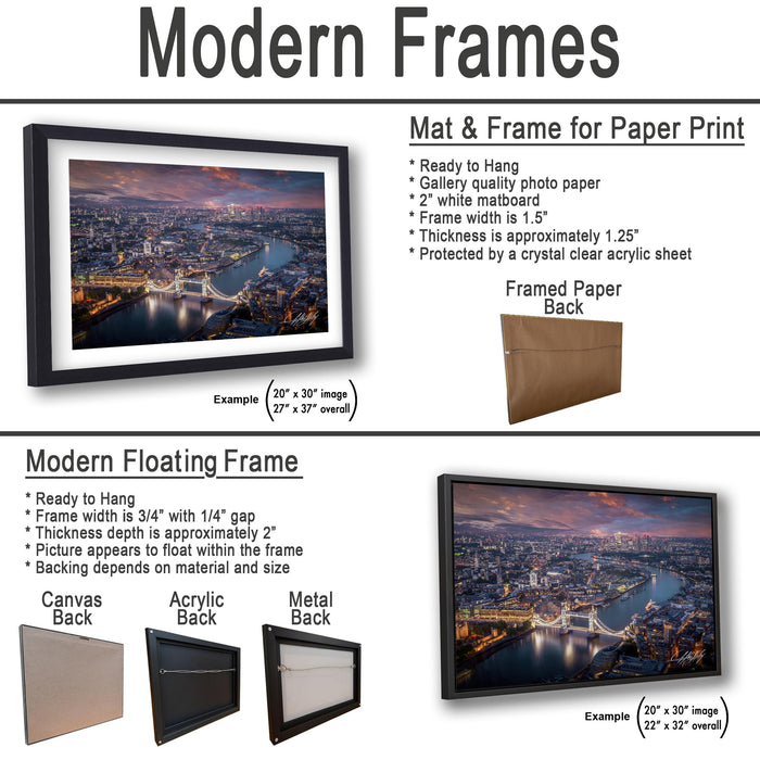 The image is a collage of two framed pictures, one of a cityscape and the other of a city skyline at night. The collage features a variety of frame options, including a mat and frame for paper print, a modern floating frame, and a framed paper back. The image also includes examples of mat and frame sizes, such as 20 x 30" and 22 x 32" sizes.