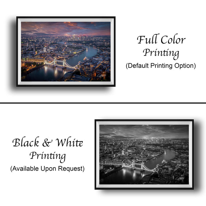 The image is a collage of two framed cityscape photographs. The top photograph is a full color print of a city skyline at sunset, while the bottom photograph is a black and white print of the same city skyline. Both prints are framed and available upon request.