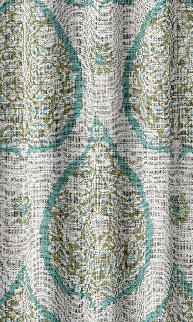 Paisley Pinch Pleat, Rod Pocket, Eyelet Curtains (Blue/ Green)