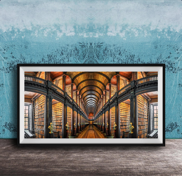 a grand library with a long row of bookshelves stretching into the distance, creating a sense of depth and perspective.