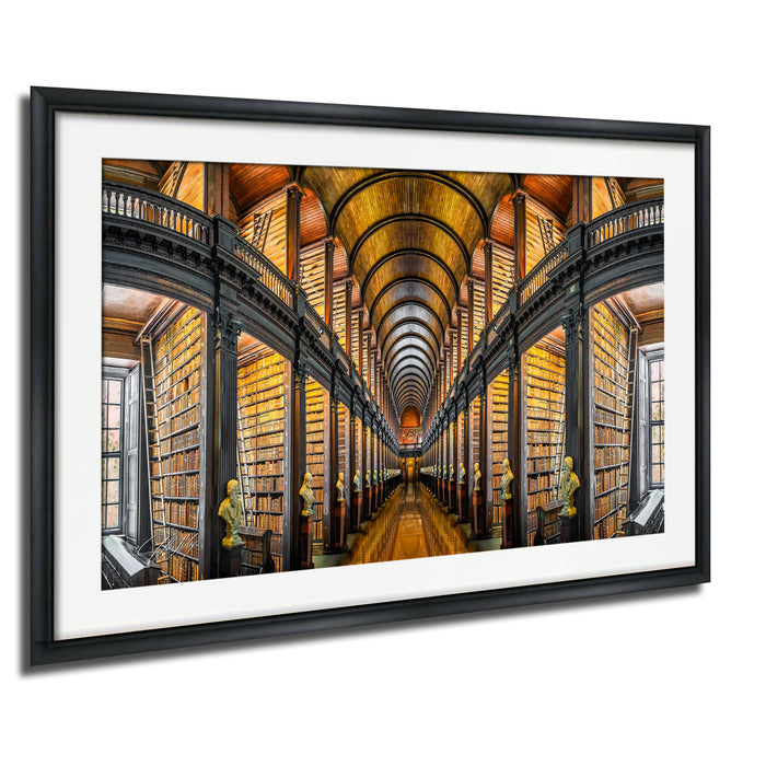 a grand library with a long, arched hallway lined with numerous bookshelves on both sides. The walls are made of wood, and the ceiling features a series of arches, creating a visually striking and spacious atmosphere.