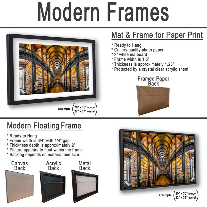 The image is a collage of three framed artworks, each depicting a different architectural structure, including a library, a cathedral, and a train station. The artworks are framed in various materials, such as acrylic, metal, and canvas, and are displayed in different sizes and orientations.
