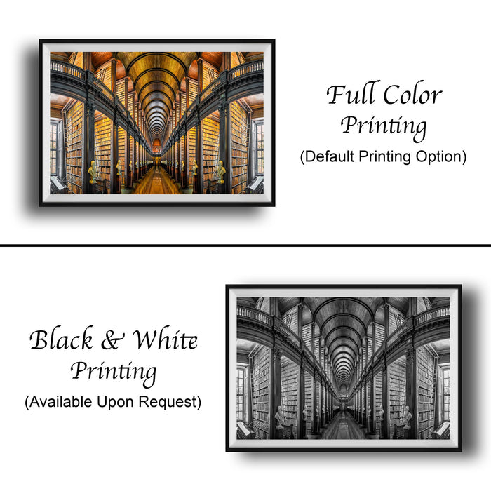 The image is a collage of two framed pictures. The left frame is a full-color print of a long hallway with rows of bookshelves, while the right frame is a black and white print of the same hallway. Both frames have the caption "Full Color Printing (Default Printing Option)" and the caption "Black & White Printing (Available Upon Request)" printed below them.