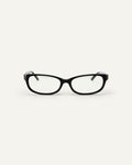Face shot of Bonnie Clyde Trinket sunglasses in black with clear lenses.