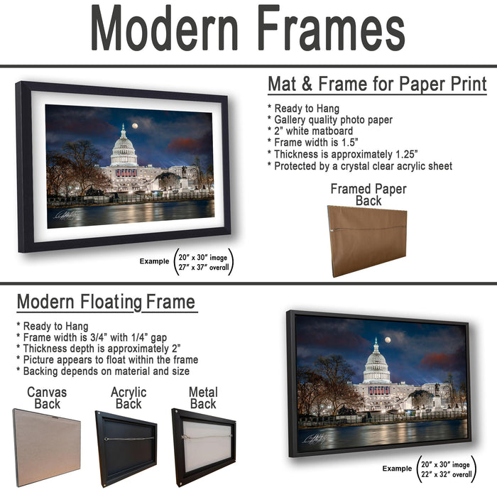 The image is a collage of two framed pictures, one of the United States Capitol building and the other of a body of water at night. The collage features a modern floating frame and a mat and frame for paper print.