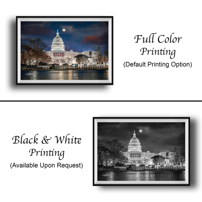 The image is a collage of two framed pictures, one in black and white and the other in full color. The black and white picture depicts a nighttime scene of the United States Capitol building, while the full color picture shows the same building illuminated at night. Both pictures feature the Capitol building and the moon in the sky.
