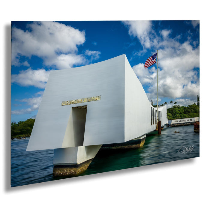 earl Harbor photo print, USS Arizona memorial decor, Hawaii history artwork, WWII tribute wall art, Pacific ocean fine art print, naval remembrance photography, Honolulu wall hanging, historic naval memorial art, American patriot photo gift, freedom sacrifice artwork, solemn ocean landscape photo, tranquil harbor decor print, December 7th remembrance art, quiet reflection fine art, honor fallen heroes decor