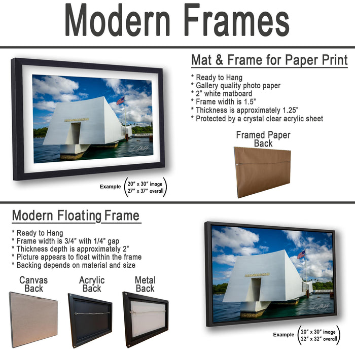 The image is a collage of two framed pictures, one of a white boat on a body of water and the other of a white building. The collage features a variety of frame options, including a mat and frame for paper print, a modern floating frame, and a framed paper back. The image also includes descriptions of the mat and frame options, such as their readiness to hang, gallery quality photo paper, white matboard, frame width, thickness, and protection by a crystal clear acrylic sheet.