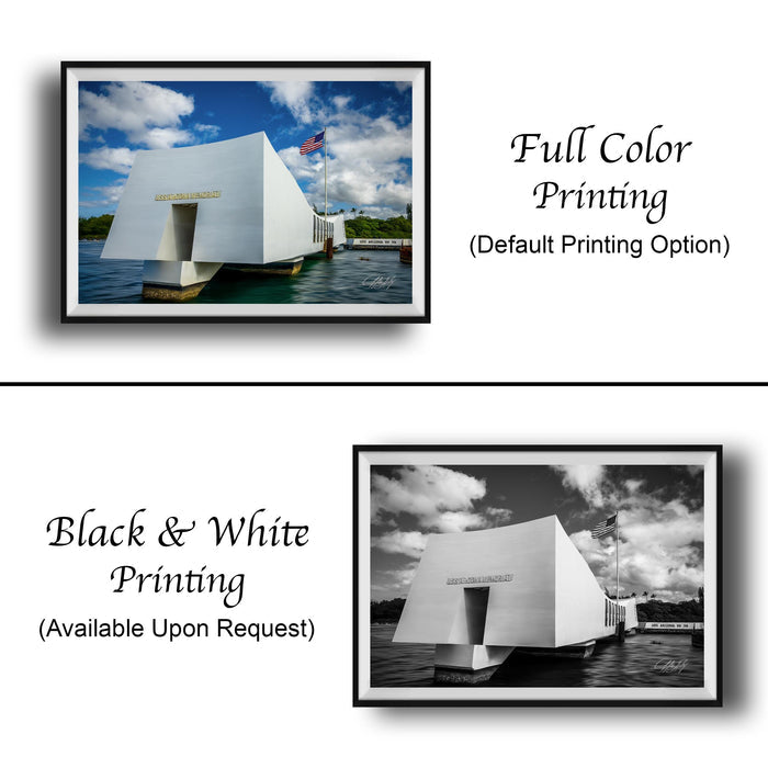 The image is a collage of two framed photographs. The top photograph is a full color print of the memorial at the World War II site, while the bottom photograph is a black and white print of the same memorial. Both photographs feature the same iconic structure, the memorial itself, and the surrounding landscape.