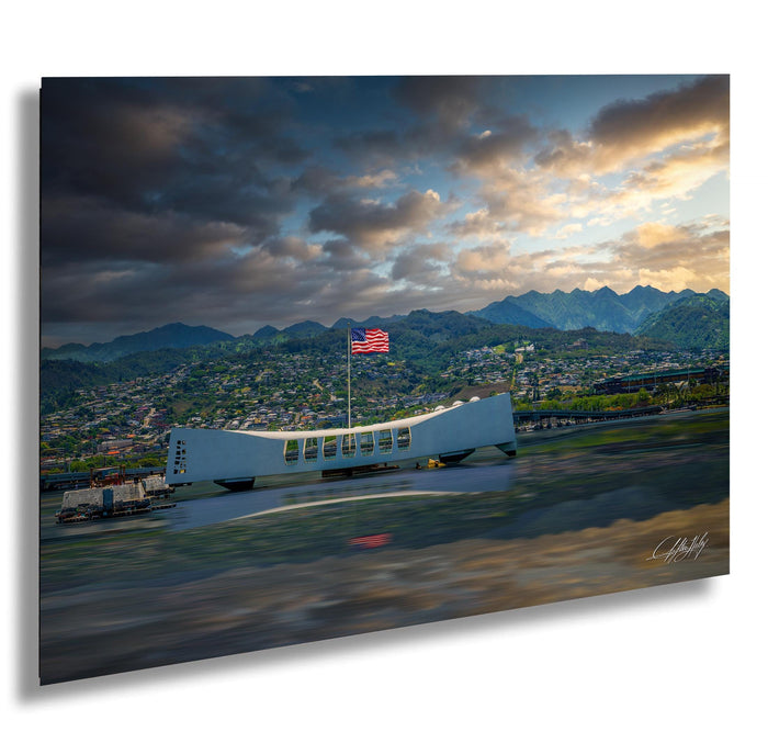 earl Harbor photo print, USS Arizona memorial decor, Hawaii history artwork, WWII tribute wall art, Pacific ocean fine art print, naval remembrance photography, Honolulu wall hanging, historic naval memorial art, American patriot photo gift, freedom sacrifice artwork, solemn ocean landscape photo, tranquil harbor decor print, December 7th remembrance art, quiet reflection fine art, honor fallen heroes decor