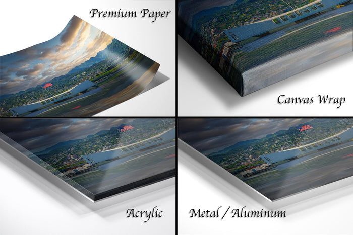 The image is a collage of four different views of a scenic landscape, including a mountain range, a body of water, and a cityscape. The collage is labeled as "Premium Paper", "Canvas Wrap", "Acrylic", and "Metal/Aluminum".