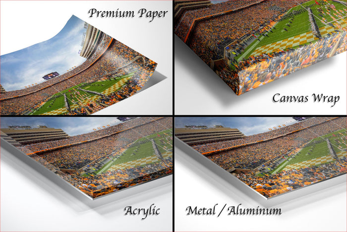 The image is a collage of four different images, each depicting a large crowd at a sports stadium. The images are labeled as "Premium Paper", "Canvas Wrap", "Acrylic", and "Metal/Aluminum".