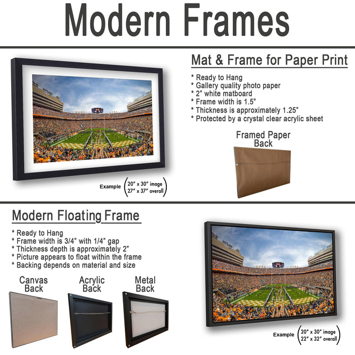 The image is a collage of multiple images, including a framed picture of a football stadium, a modern floating frame, and a mat & frame for paper print.