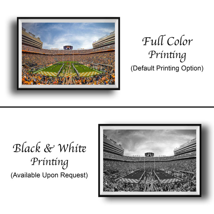 The image is a collage of two framed pictures. The top picture is a full color photograph of a crowded football stadium, while the bottom picture is a black and white photograph of the same stadium. The text below the images indicates that the full color printing is available upon request, and the black and white version is not.