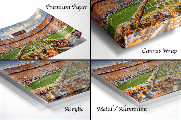 four different views of a football game, including a close-up of the field, a full stadium view, a close-up of the field, and a close-up of the crowd.