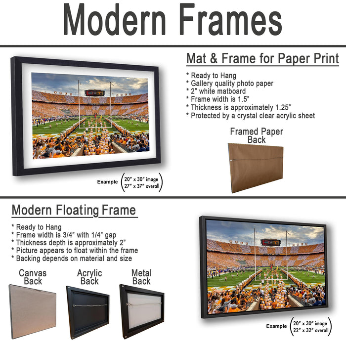 The image is a collage of two framed pictures, one of a football game and the other of a baseball game, both featuring the same stadium and players. The framed picture is a mat and frame for a paper print, while the other is a modern floating frame.