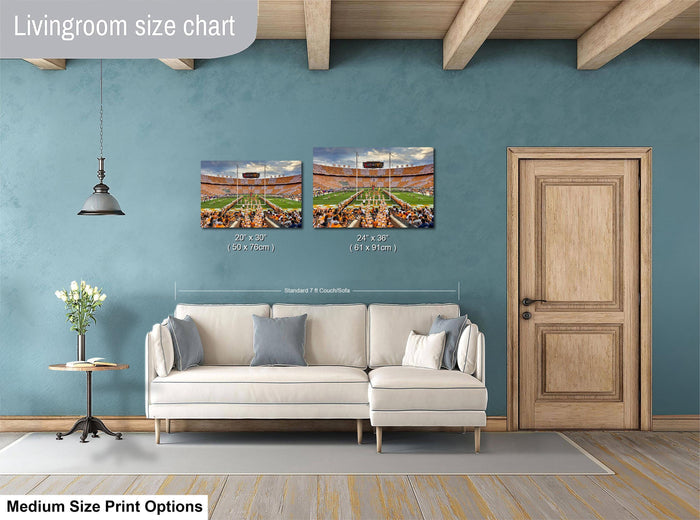 a living room with a white sofa and a wooden door. Above the sofa, there is a size chart for a painting of a stadium, indicating the dimensions of the artwork.