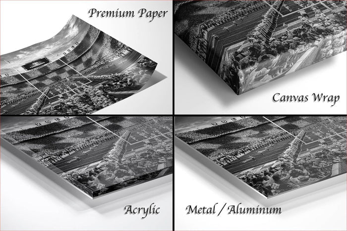 four different views of a stadium, including a close-up of the field, a large crowd, and a view of the stadium from the stands. The images are labeled as "Premium Paper", "Canvas Wrap", "Acrylic", and "Metal/Aluminum".