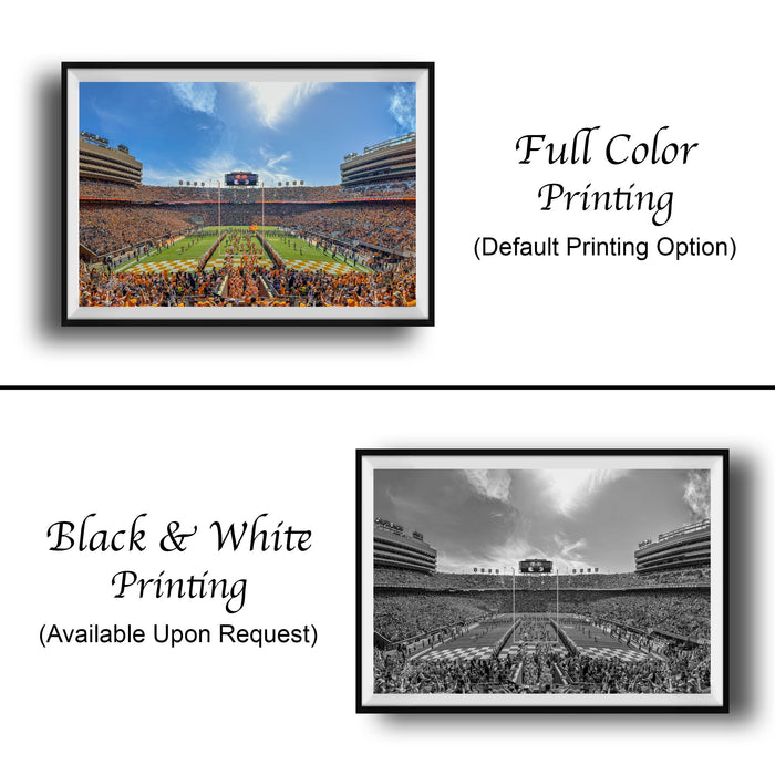 The image is a collage of two framed pictures. The top picture is a full color photograph of a crowded stadium, while the bottom picture is a black and white photograph of the same stadium. The text below the images indicates that the full color printing is available upon request, and the black and white version is not.