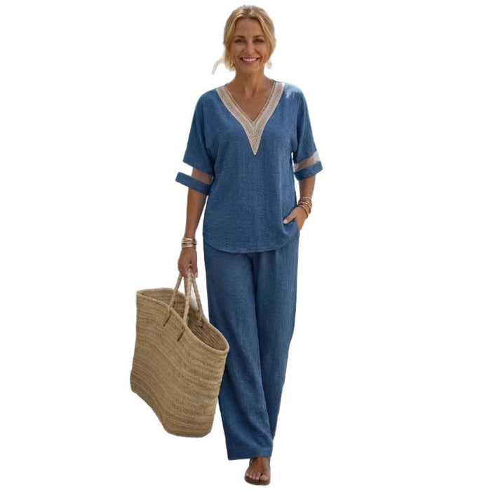 V-Neck Embroidered Top and Wide-Leg Pants Set