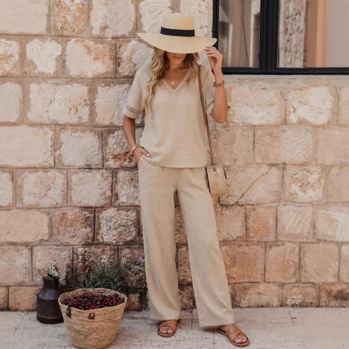 V-Neck Embroidered Top and Wide-Leg Pants Set