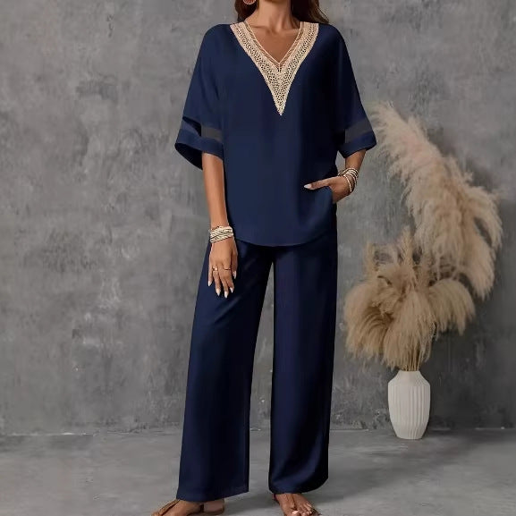 V-Neck Embroidered Top and Wide-Leg Pants Set