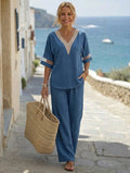 V-Neck Embroidered Top and Wide-Leg Pants Set