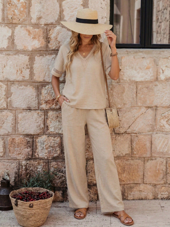 V-Neck Embroidered Top and Wide-Leg Pants Set