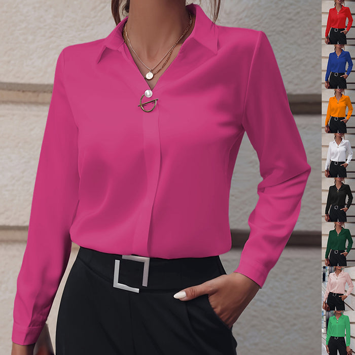 V-Neck Solid Pullover Top for Women — Long Sleeve Essential