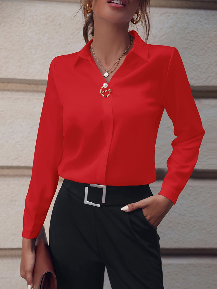 V-Neck Solid Pullover Top for Women — Long Sleeve Essential