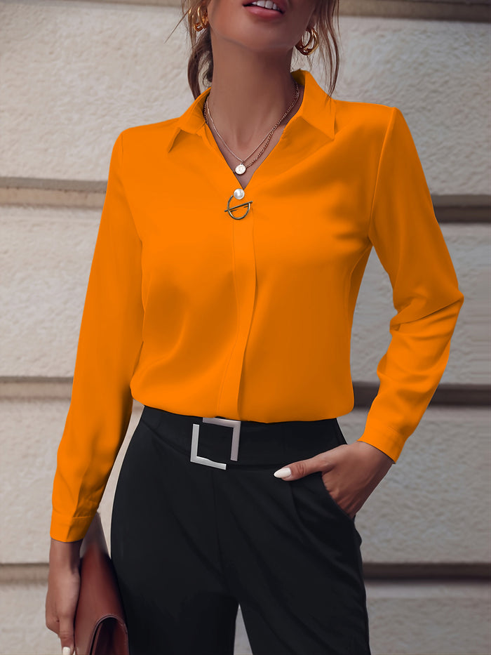 V-Neck Solid Pullover Top for Women — Long Sleeve Essential