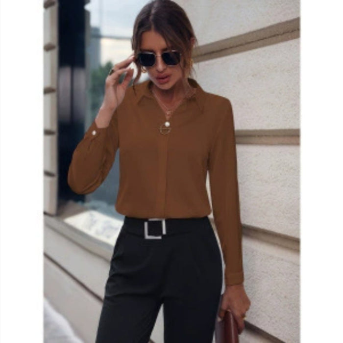 V-Neck Solid Pullover Top for Women — Long Sleeve Essential