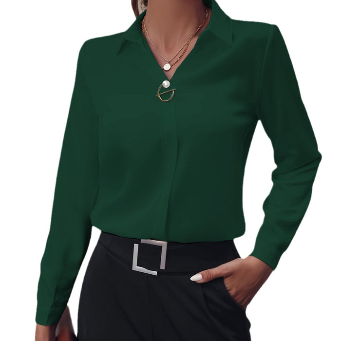 V-Neck Solid Pullover Top for Women — Long Sleeve Essential