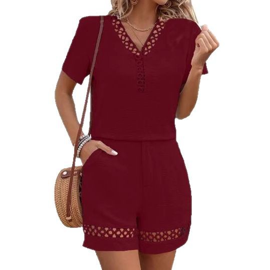 V-Neck Spliced Short-Sleeve Cotton-Linen Shorts Set