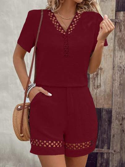 V-Neck Spliced Short-Sleeve Cotton-Linen Shorts Set