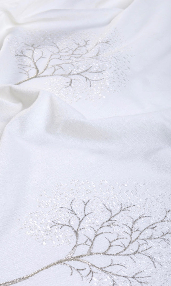 Embroidery Patterned Fabric By the Metre for Curtains & Drapes (Pure White/ Gray)