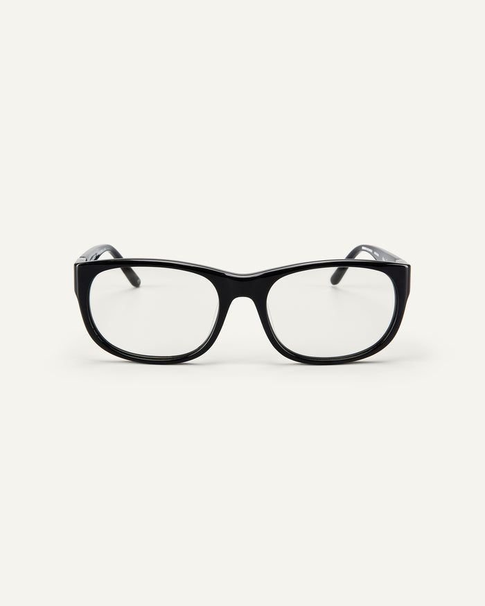 Face shot of Bonnie Clyde Valentine sunglasses in black with clear lenses.