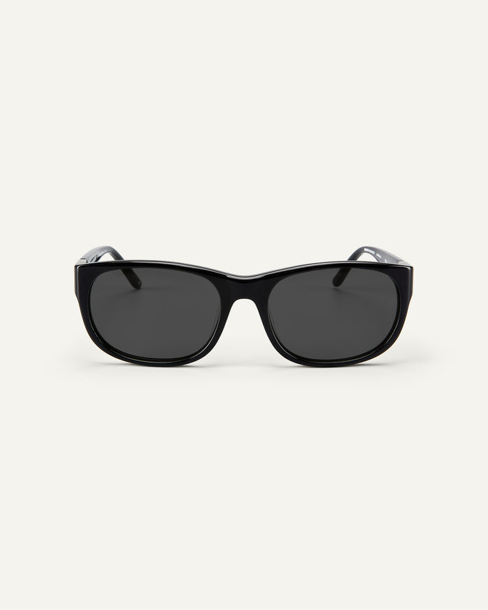 Face shot of Bonnie Clyde Valentine sunglasses in black with black lenses.
