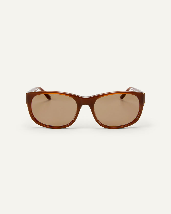 Face shot of Bonnie Clyde Valentine sunglasses in cloudy brown with brown lenses.