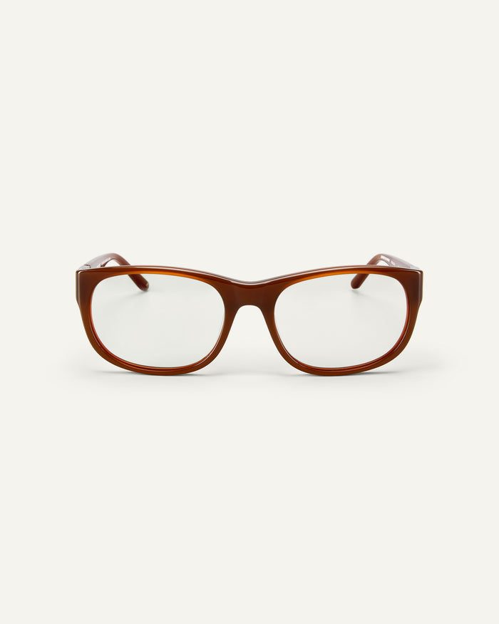 Face shot of Bonnie Clyde Valentine sunglasses in cloudy brown with clear lenses.