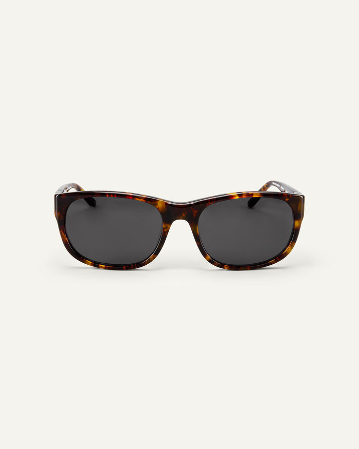 Face shot of Bonnie Clyde Valentine sunglasses in tortoise with black lenses.