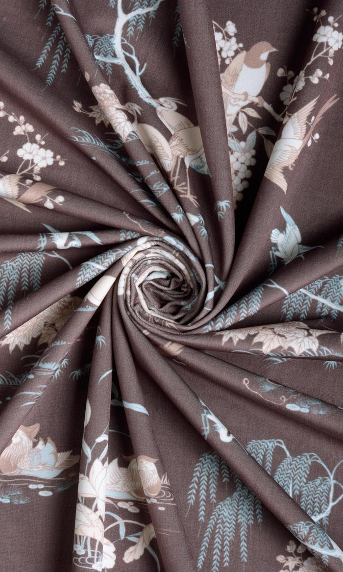 Chinoiserie Toile Velvet Fabric By the Metre for Curtains & Drapes (Deep Wine/ Brown)