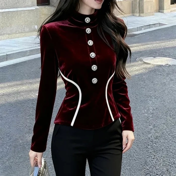 Velvet Stand-Collar Button Shirt